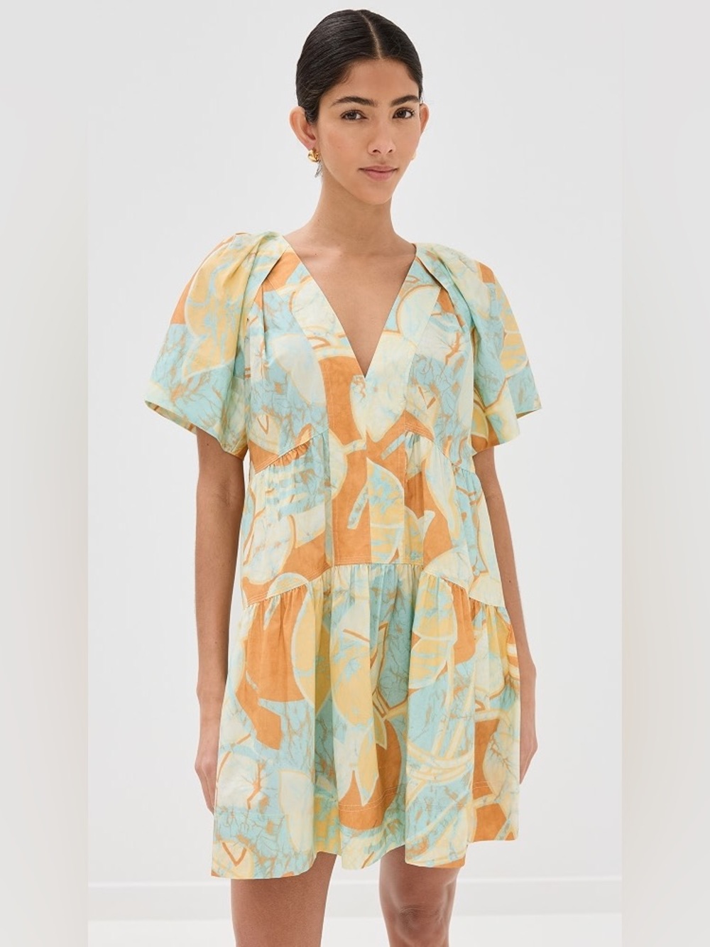 A.L.C. Camila V Neck Cotton Poplin Dress Cumin/Sea Glass abstract print Size 0